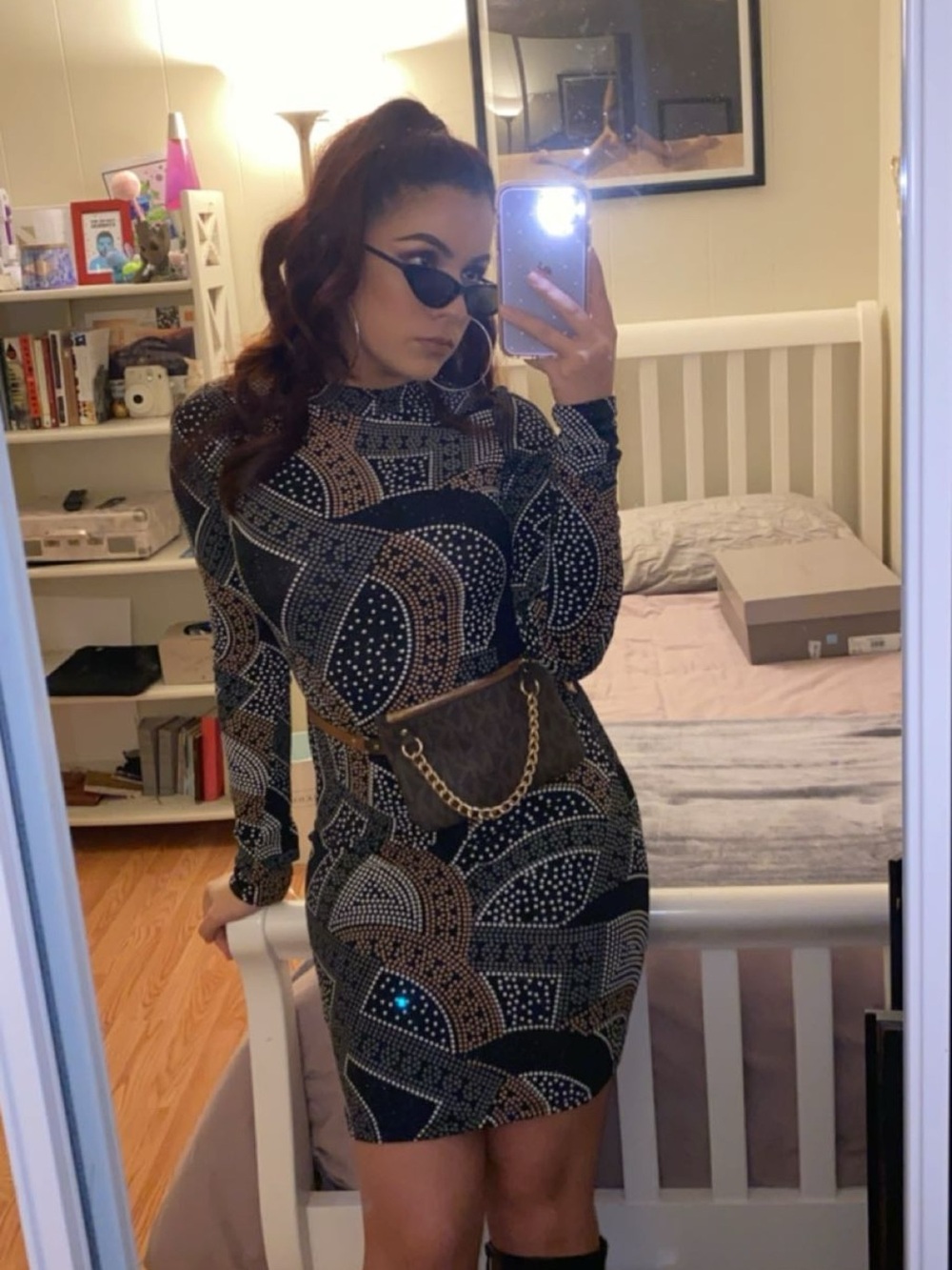 Swell Black Long-Sleeve Patterned Bodycon Dress with Gold Accents